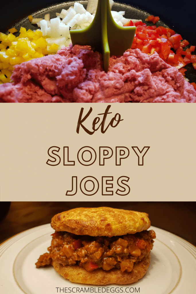 Pinterest Image for Keto Sloppy Joes - top picture meat and Peppers, bottom picture completed Keto Sloppy Joes.