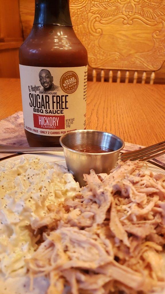 Keto Pulled Pork with G.Hughes Smokehouse Sugar Free BBQ Sauce Hickory Flavored.